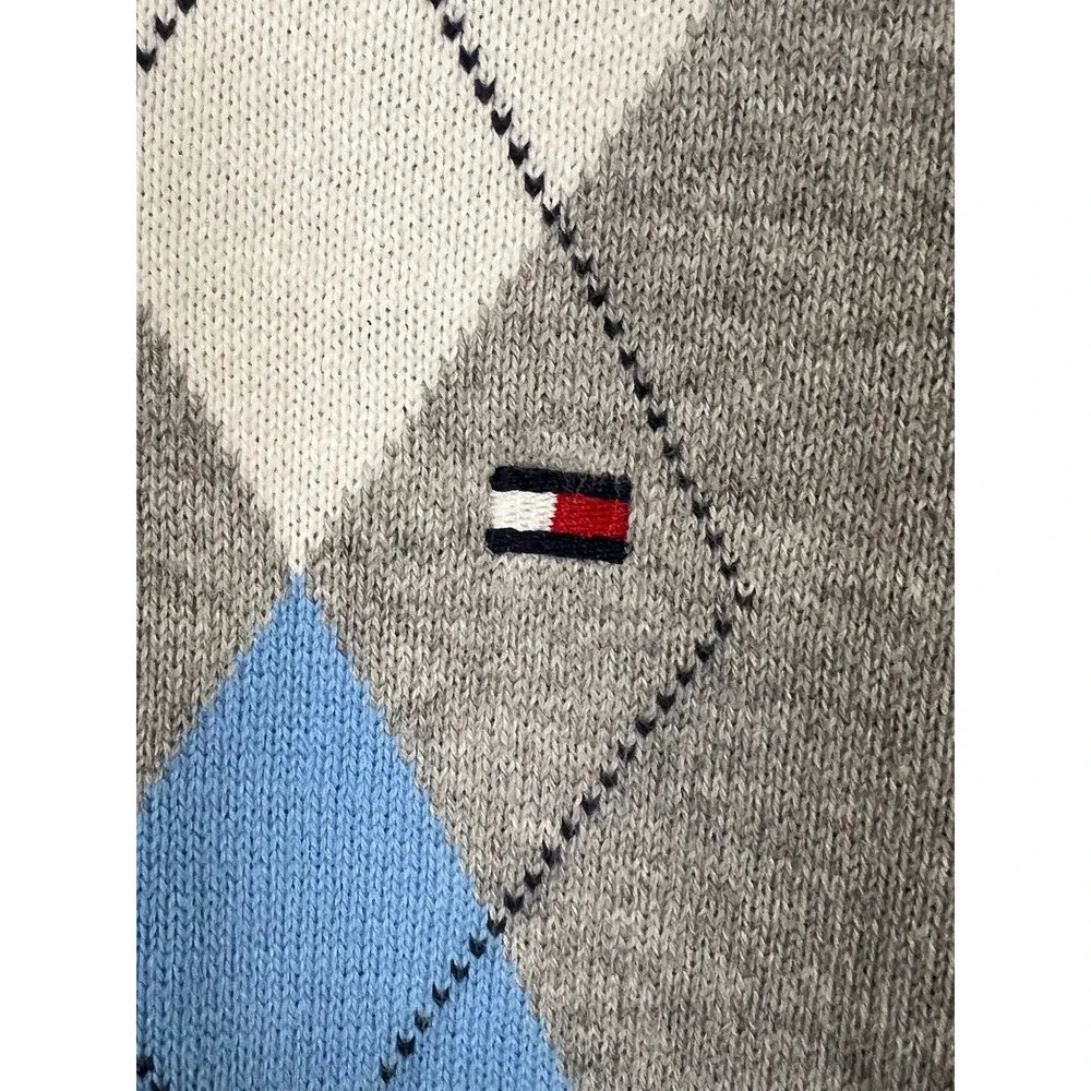 Tommy Hilfiger Mens Argyle V-Neck Sweater Gray Blue White Cotton Large 780433